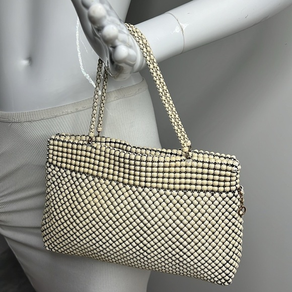 Whiting & Davis Cream Alumesh Metal Mesh Zip Top Double Handle Purse - Picture 2 of 12